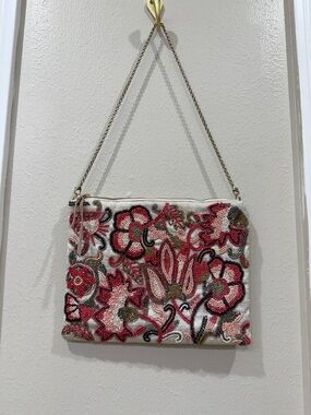 Chico's White Beaded Floral Chain Shoulder Bag with Pink Accents